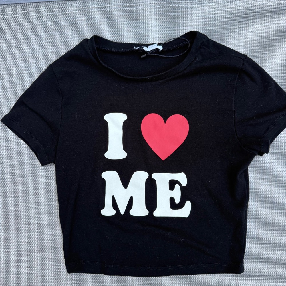 Garage Womens Black I Love Me Graphic Crop Top Short Sleeve Tee Size Small